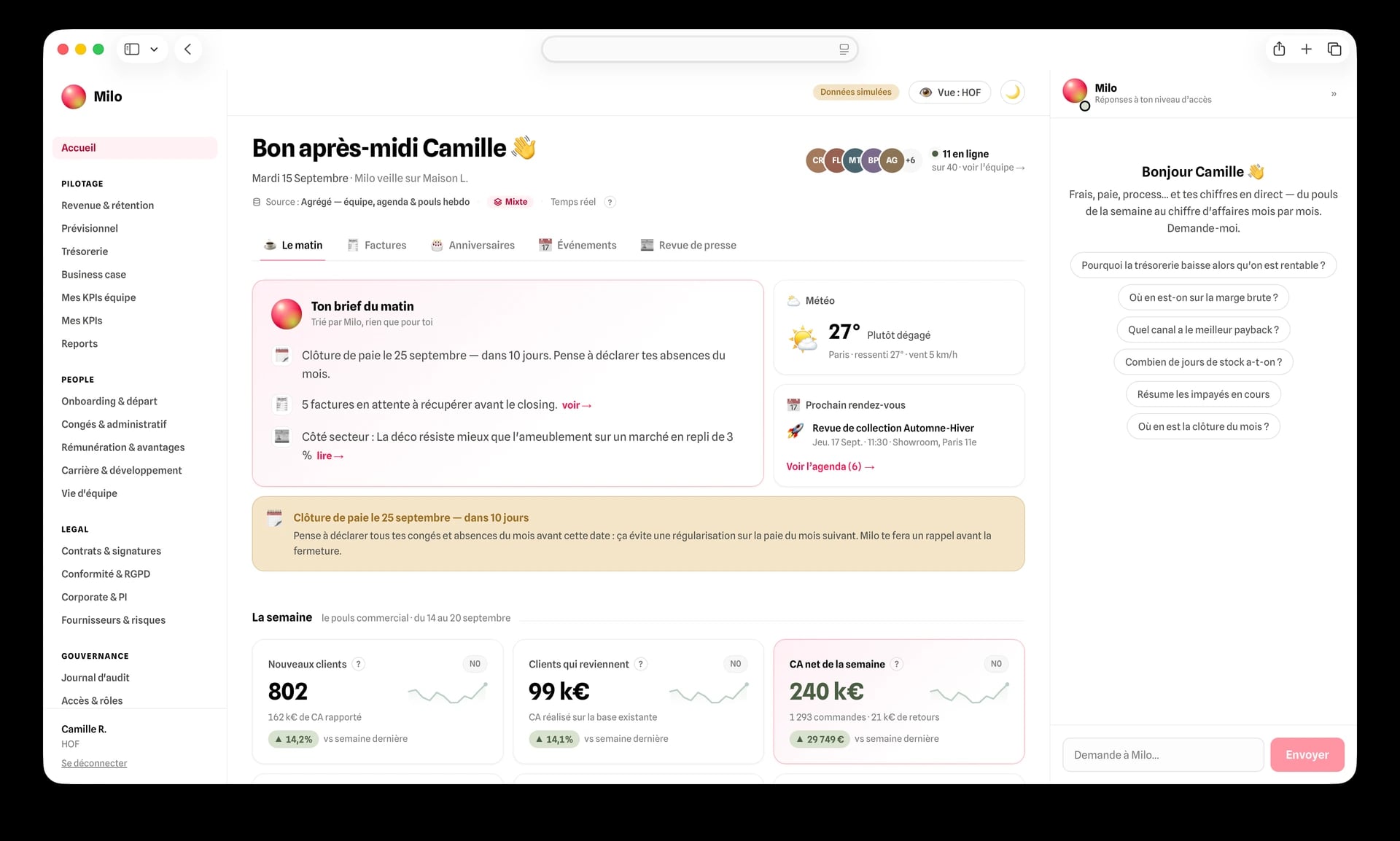 Un hub connecté à tous les outils actuels de la boite (Pennylane, Hubspot...), partagé avec tous.